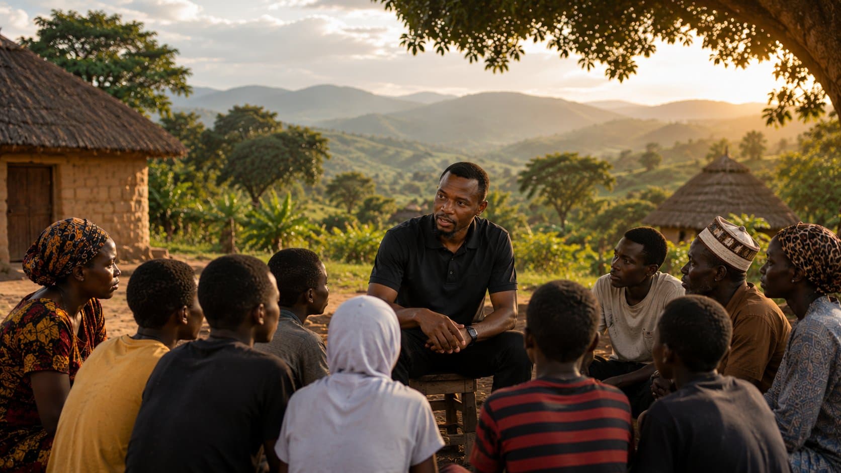 A URII team member in conversation with a community under a tree at sunset